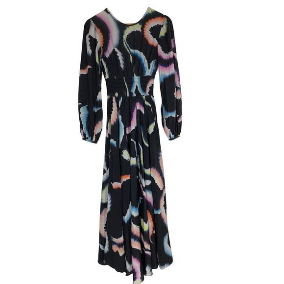 A.L.C. Leah Dress Printed Long Sleeve Smocked Waist A-Line Maxi Black Multi 0 - Picture 3 of 10